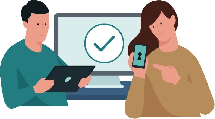 man on a tablet and a woman on a phone