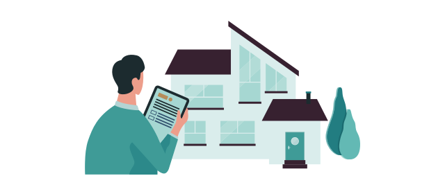 man with tablet in front of house man with tablet in front of house